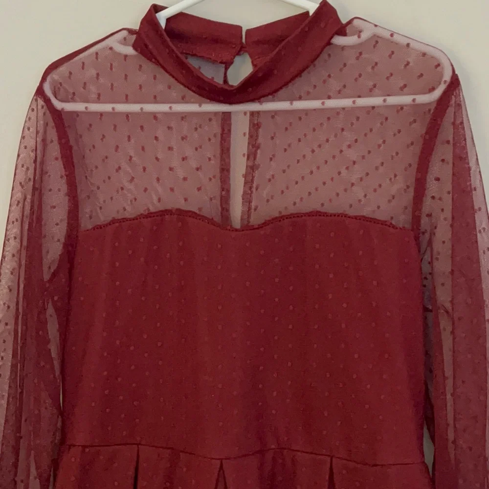 Girls Burgundy Sheer Mesh A-line Dress.